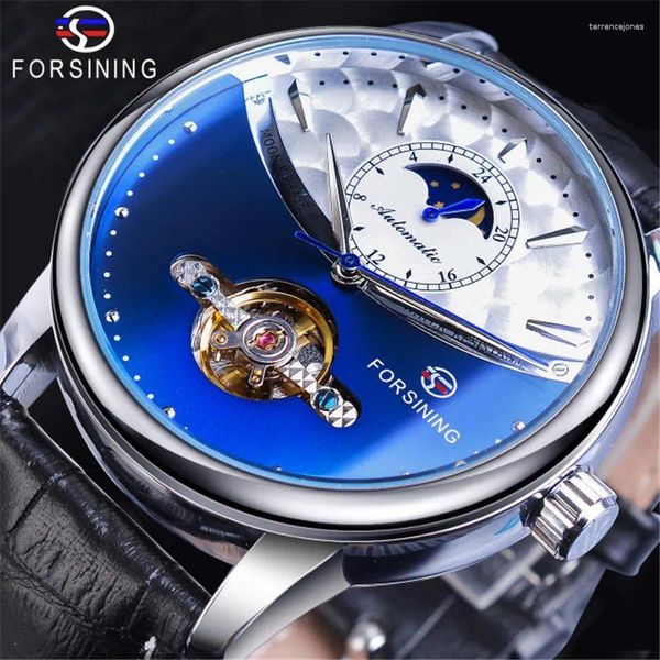 Relógios de pulso 2024 Forsining Mens Relógios Automático Mecânico Tourbillon Sport Relógio Flywheel Multi-Função Moon Display Pulso de Couro