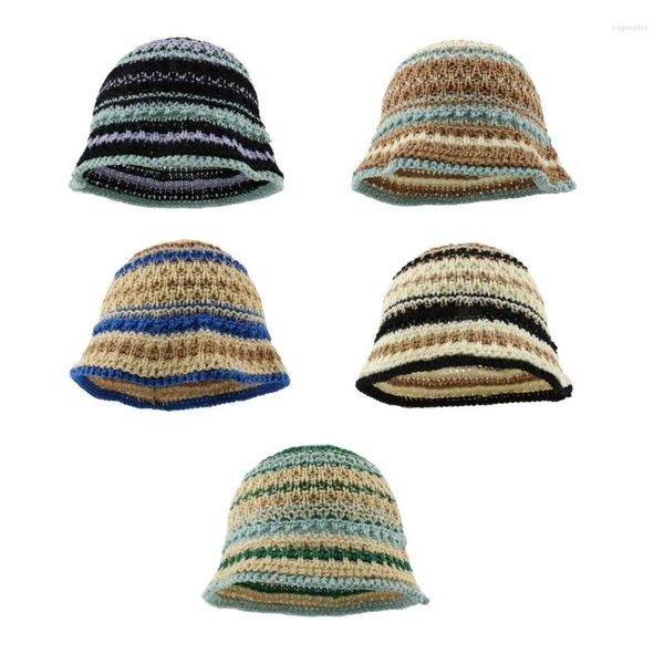 Boinas Senhoras Crochet Color Matching Fisherman Hat Wide Brim Bucket Sunproof Cap