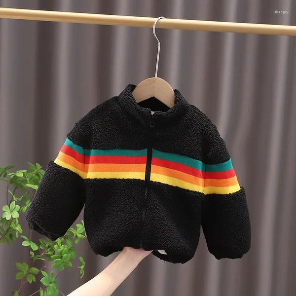 Ceketler Sonbahar Kış Moda Stripes Polar Full Sleep Ceket Erkek Kız Kızlar Polar Fleese Kids Hardigan Sweatshirt Kuzu Kadife Zip-Up Ceket