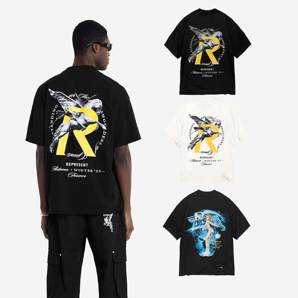 Мужские футболки, модная брендовая рубашка Represnet, мужская свободная футболка с короткими рукавами и надписью «Pegasus Knight», ангельская девушка, мультяшный принт, Wk4t