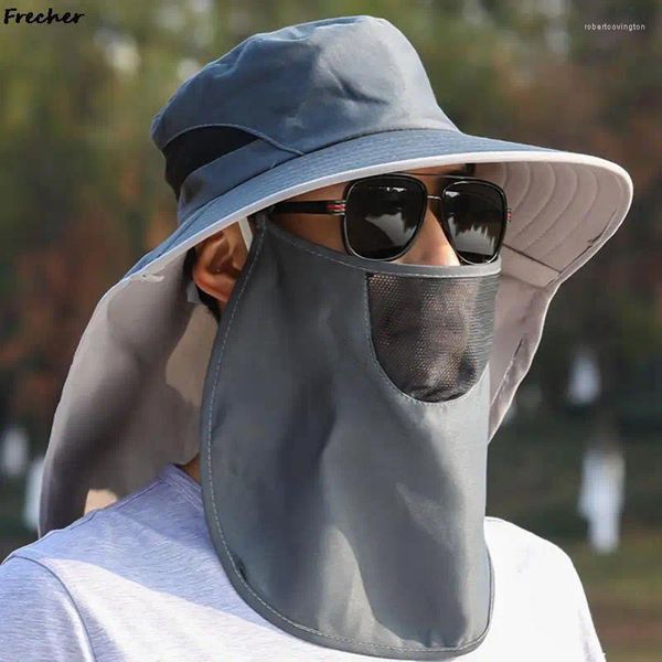 Berets Sun Protection Bucket Hat Men Full Neck Face Capa Pesca Caça Caminhadas Escalada Chapéus com Máscara Ampla Brim Sunshade Caps