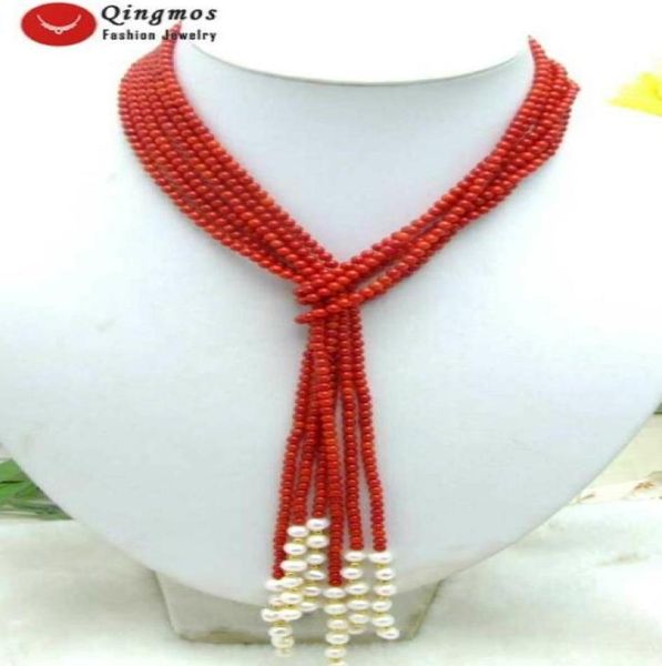 Feine lange 45-Zoll-natürliche 3-strängige rote runde korallenweiße Perlenkette für Frauen3779708