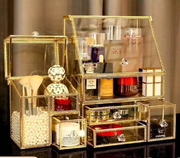 Badezimmer-Organizer aus Glas, Gold, stapelbar, 2-teiliges Schubladen-Set, Aufbewahrung, antike Arbeitsplatte, Kosmetik-Aufbewahrungsbox, Spiegel B 240125