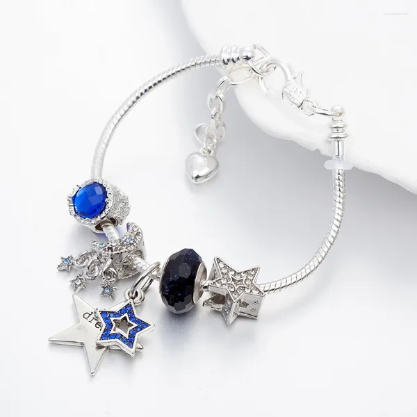 Charme pulseiras design ajustável pulseira safira azul a lua e estrelas frisado encantos oferta especial jóias pulseiras corrente para mulher