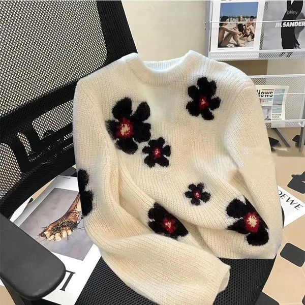 Suéter feminino confortável macio jacquard floral lã caxemira suéter primavera outono mulheres pulôver de malha quente mohair crewneck jumper