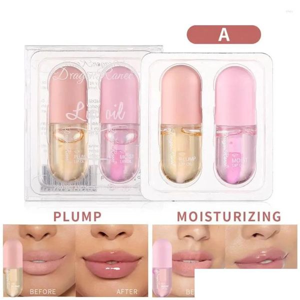 Lip Gloss 2 Pçs / set Crystal Jelly Lips Plumper Oil Volume Instantâneo Hidratante Reparação Reduzir Linha Fina Y Enhancer Ferramenta de Maquiagem Drop D Otm1W