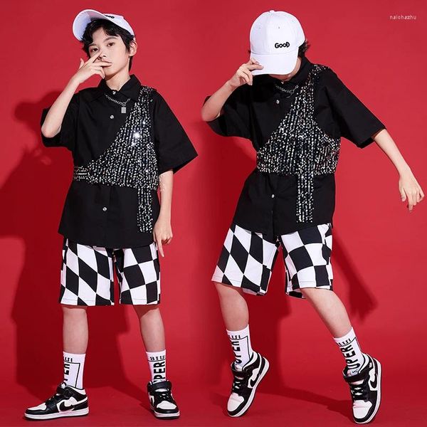 Abbigliamento da palco Ragazzi Costume da ballo Hip Hop Gilet con paillettes Camicia nera a maniche corte Abbigliamento estivo da strada Abiti da concerto per bambini BL8486