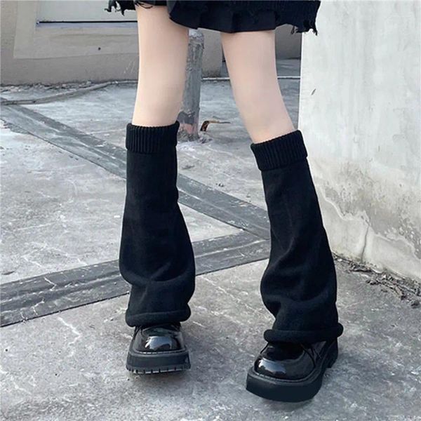 Meias femininas japonesas aquecedoras de perna, pilha de inverno y2k, meia-calça longa de malha, preto e branco, punhos de crochê, cobertura quente para os pés