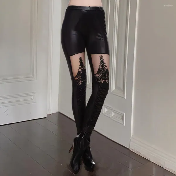 Damen-Leggings, mittelhoher Bund, durchsichtige Stickerei, Spitzennähte, schmale Hose, Kreuzverband, Kunstlederhose, sexy lang