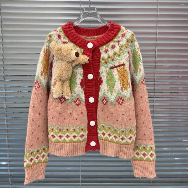 Cardigan lavorato a maglia con orsetto giocattolo 3D da donna per donna Cappotto maglione a blocchi di colore anno Maglione rosso natalizio
