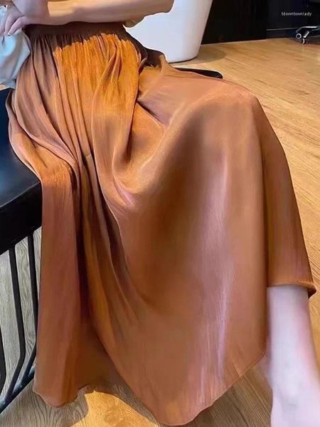 Saias 2024 verão mulheres saia plissada cintura alta uma linha maxi brilhante gaze elegante roxo longo cetim para mulheres coreano