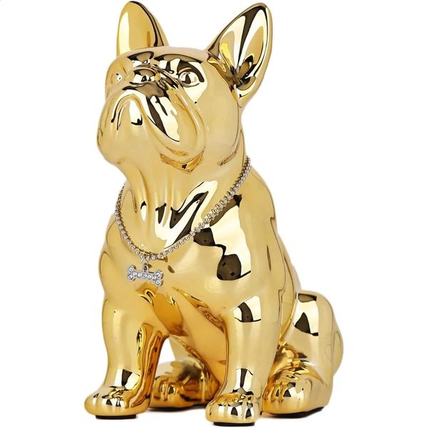 Estátua de cachorro buldogue francês, acessórios de decoração para casa, artesanato, estatueta de animal de resina, escultura de sala de estar, ouro galvanizado 240127