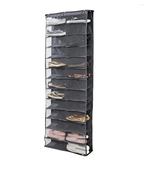 A camada de armazenamento de cozinha 26 sobre a sapateira da porta contém pares com acabamento de poliéster cinza