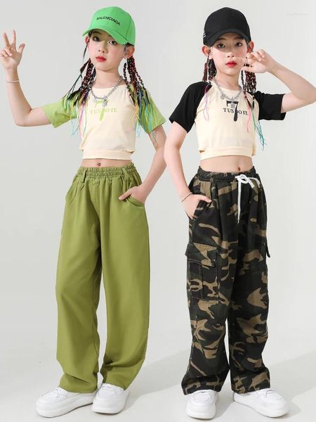 Palco desgaste 2024 meninas jazz dança traje roupas modernas mangas curtas camiseta calças casuais hip hop roupas para crianças bl10638