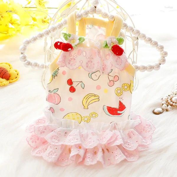 Vestuário para cães Cereja Renda Saia Roupas Doce Vestido Deslizante Cães Pequenos Roupas Gato Coreano Moda Macia Confortável Kawaii Girl Pet Itens