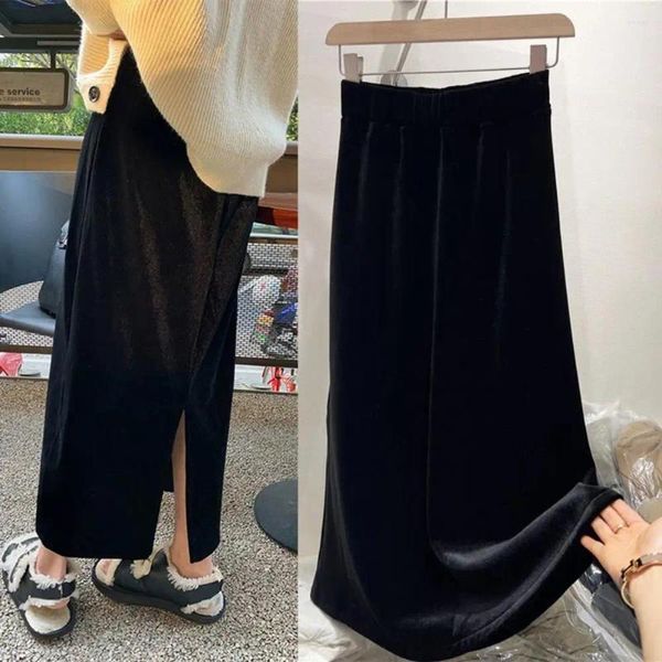 Saias de cintura alta saia preta elegante maxi feminino com bainha dividida macia cintura elástica tecido respirável para outono inverno tornozelo