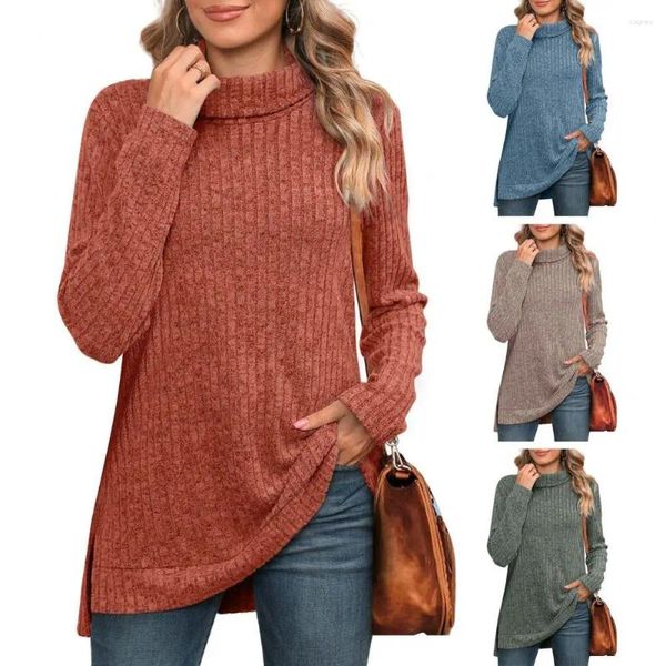 Женские блузки, непрозрачные женские топы, стильная водолазка, вязаный свитер с длинным рукавом и боковым разрезом для осени/зимы, офиса
