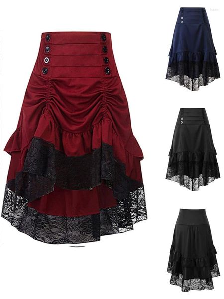 Gonne Patchwork di pizzo nero Gothic Lolita Donna 2024 Primavera Estate Jupe Aymmetrical Coulisse Ruffles Retro Gonna longuette vintage