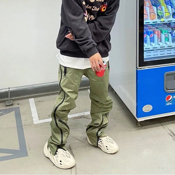 Vibe estilo de borracha de náilon pressionando joggers dos homens urbano streetwear moda ajustável zíper até calças de carga funcionais 240202