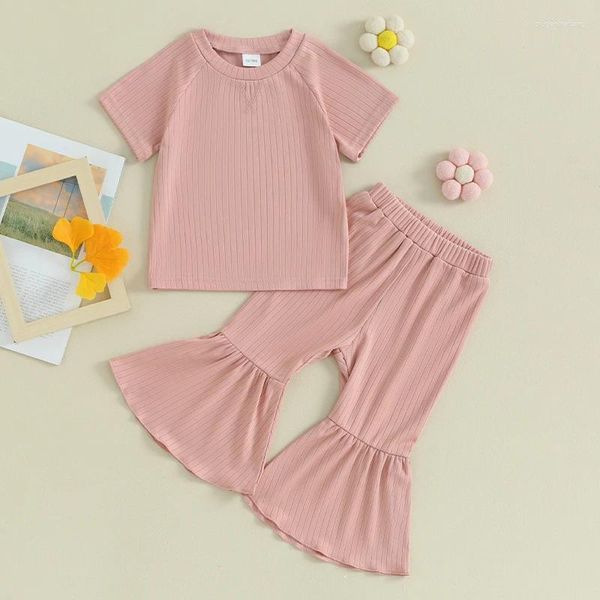 Kleidungssets Kleinkind Baby Mädchen Sommerkleidung Einfarbig gestrickt geripptes T-Shirt Top Schlaghose Bell-Bottom 2-teiliges Outfit