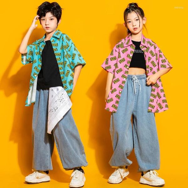 Bühnenkleidung Kinder Teen Kpop Hip Hop Kleidung Rosa Print Shirt Tops Streetwear Joggers Hosen Shorts für Mädchen Jungen Jazz Dance Kostüm Kleidung