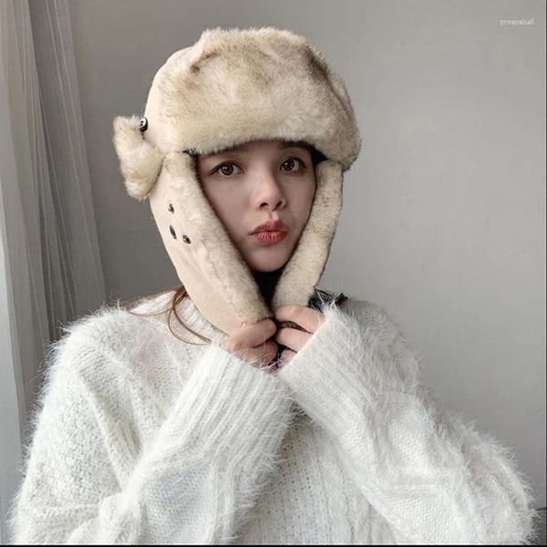 Berets Grosso Quente Bomber Chapéu Homens Mulheres Branco Chapéus de Inverno com Máscara Masculino Feminino Russo Ushanka Ski Earflap Trapper Caps