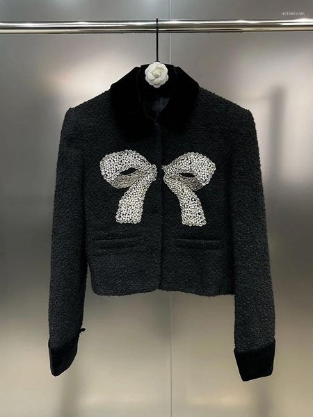 Jaquetas femininas High Street Est Outono Inverno Designer Moda Jaqueta Preta Mulheres Veludo Lapela Manga Comprida Diamante Studded Bow Tweed