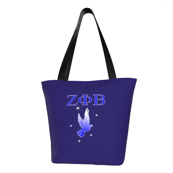 Sacos de compras engraçados zeta phi beta e 5 estrelas tote reutilizável irmandade zob lona mercearia ombro shopper saco