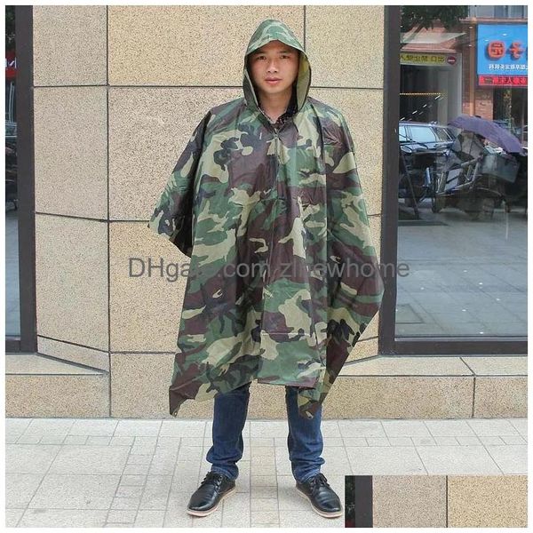 Raincoats Mtifuncional Camo Capa de Chuva Impermeável Casaco de Chuva Homens Mulheres Cam Pesca Motocicleta Poncho Tenda Ao Ar Livre Drop Delivery Home G Dhidy