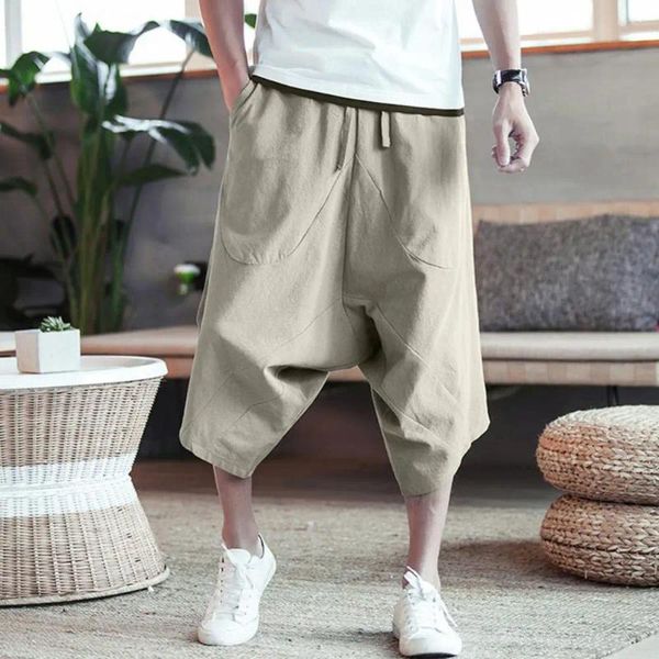 Мужские брюки, модные брюки 3/4, летние универсальные повседневные однотонные карманы с укороченными шнурками, приятные для кожи