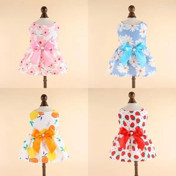 Vestuário para cães verão vestidos de arco bonito moda impressão contraste cor emenda roupas para animais de estimação doce vestido de princesa produtos roupas de gato