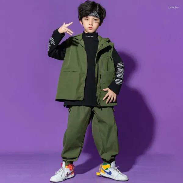 Bühnenkleidung Kinder Ballsaal Hip Hop Kleidung Armeegrüne Jacke Hoodie Top Streetwear Taktische Cargo Jogger Hosen für Mädchen Jungen Tanzkostüm