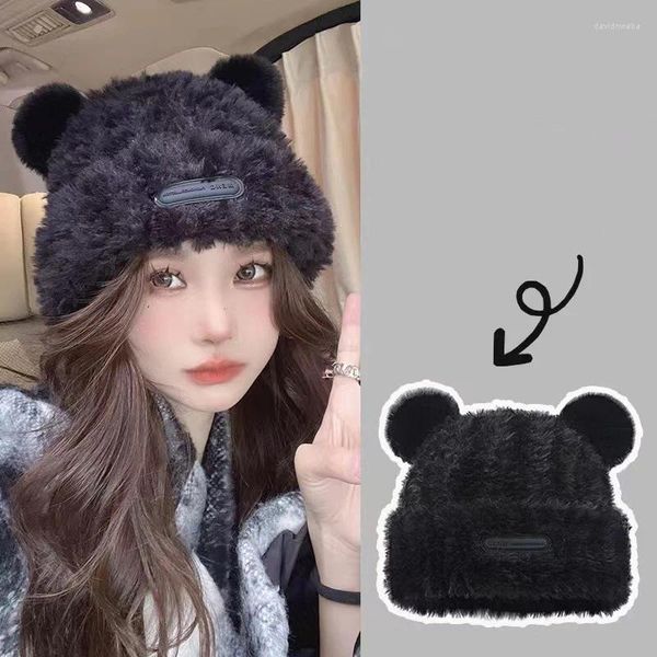 Berretti invernali soffici cappelli di peluche per le donne Cartoon Bear Ear Warm Pullover Cap Beanie Tinta unita Protezione per ragazza