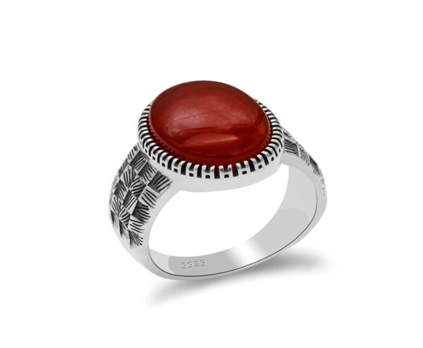 Turquia jóias 925 prata esterlina grande natural redblack ágata pedra anel para homens estilo prata tailandesa anel de dedo masculino women8527142