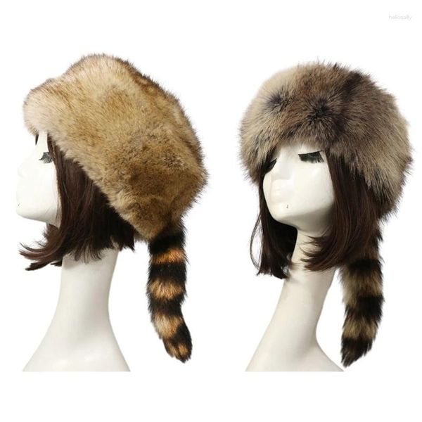 Berets Plüsch Flacher Hut Für Frau Teenager Outdoor Pendeln Winddicht Waschbären Schwanz Russische Winter Warm Halten Dropship