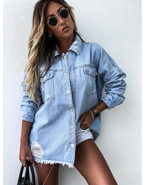 Damenjacken 2024 Frauen Lange Denim Mantel Herbst Winter Umlegekragen Übergroße Longline Loch Ripped Boyfriend Jacke Outwear