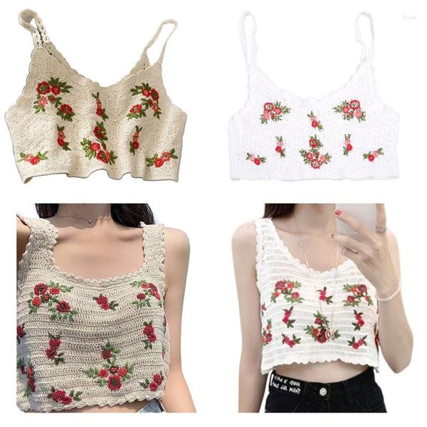 Damen Tanks Frauen Sommer Hohl Häkeln Stricken Leibchen Weste Böhmischen Blumen Blätter Stickerei Ärmellose Kurze Crop Top Bralette Riemchen