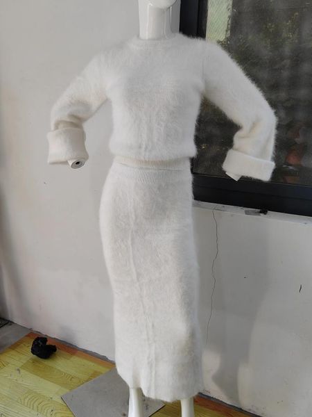 Vestidos de trabalho fofo cor branca vison cashmere suéter cintura apertada manga queimada e corpo saia longa conjunto espessura dupla