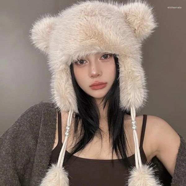 Berretti Peluche Imitazione Visone Orecchie da Orso Ciondolo di Perle Lei Feng Berretto da Donna Protezione per le Orecchie Invernali Cappelli Bomber Caldo Cappello Russo