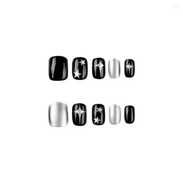 Unhas Falsas 24 Pcs Preto Curto Redondo Y2K Sier Star Design Francês Falso Fl Er Destacável Prego Dicas Press On Drop Delivery Saúde Beleza A Otivy