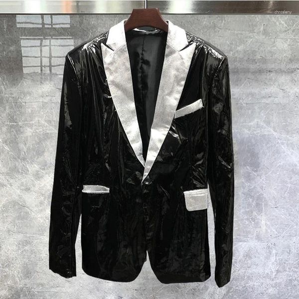 Abiti da uomo 2024 Nero Specchio In Pelle Lucida Argento Patchwork Blazer di Alta Qualità Prestazioni Discoteca Giacca Personalizzata Top Hombre