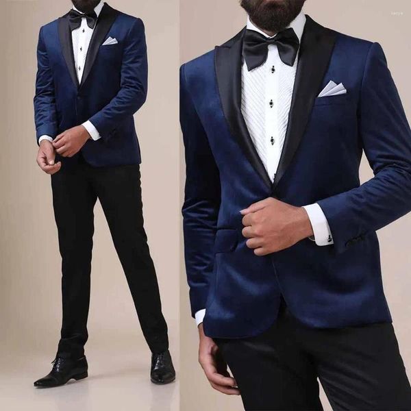 Ternos masculinos chiques blazer azul calças pretas lapela repicada único breasted roupas casuais fino ajuste moda conjunto completo traje de festa