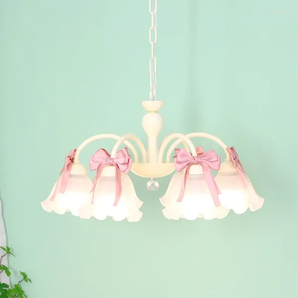 Подвесные светильники с розовым бантом, люстры для комнаты принцессы, милая лампа для спальни для маленьких девочек, гостиная, обеденный стол, хрустальная стеклянная люстра, светодиодная