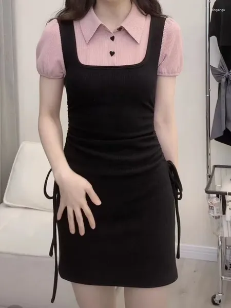 Sıradan Elbiseler Qweek Kore tarzı okul mini elbise kadınlar kpop y2k polo puflu kol siyah sarma bodycon kısa 2024 moda