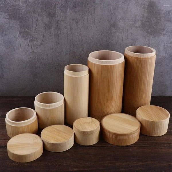 Garrafas de bambu redondo recipiente de armazenamento com tampa artesanal portátil natural eco-amigável chá vasilha tempero jar garrafa de cozinha