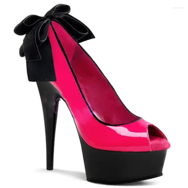 Sandalen Schwarz Zurück Bowtie Ultra High Heels Pumps Peep Toe Innen Blume Transparente Plattform Fuchsia Patent Leder Bankett Schuhe Frau