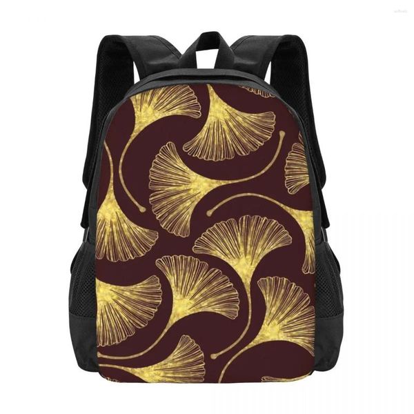 Schultaschen Golden Ginko Biloba Rucksack süße Blätter Print Reise -Rucksäcke Mädchen Design Langlebiger Streetwear Rucksack