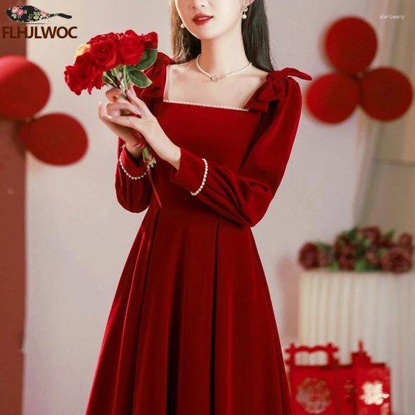 Vestidos casuais ano natal chique elegante reunião anual vestido vermelho mulheres pescoço quadrado design francês laço longo veludo vestidos