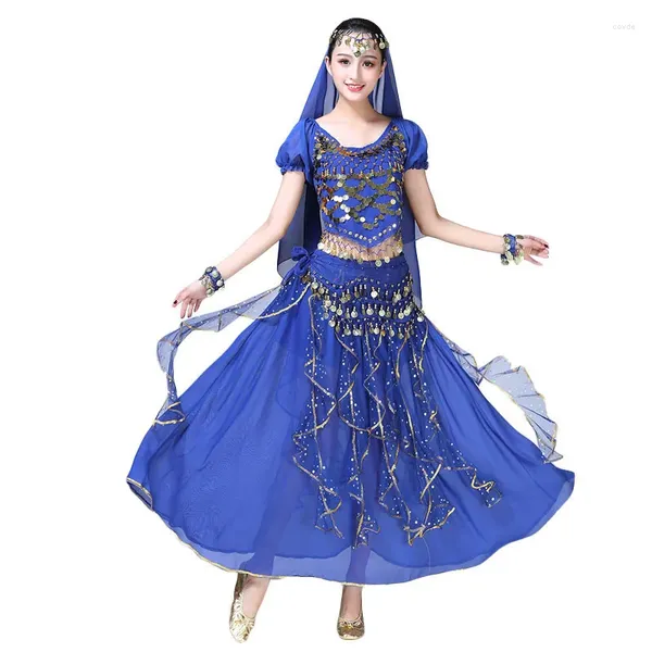 Stage Wear Bollywood Lantejoulas Trajes Adulto Dança do Ventre Mulheres Manga Curta Chiffon 2pcs / 3pcs / 5Pcs Set 8 Cores