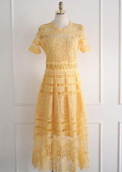 Vestidos de festa longo vestido de renda para mulheres 2024 verão amarelo manga curta bordado listra noite midi outfits